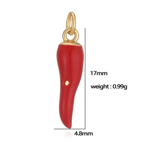 Detailed view of red enamel chili pendant with dimensions 17mm height and weight 0.99g
