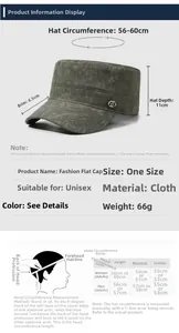 Guide des tailles pour casquette militaire plate montrant 56-60cm de tour et 6,5cm de visière