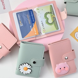 Cute PU leather multi-slot card holder with daisy and pig patterns in pink and mint green