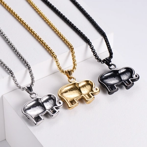 Classic elephant pendant necklace set in silver, gold, and black stainless steel colors