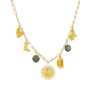 Vintage gold charm necklace with western sun, cowboy boot and blue rose charms
