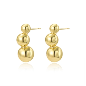 Polished 18k gold plated triple hollow sphere stud earrings with a mirrored finish
