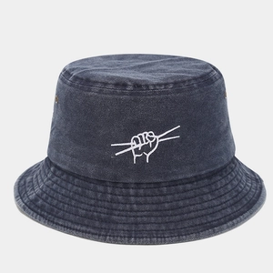 Vintage washed navy denim bucket hat with white hand gesture embroidery and metal eyelets