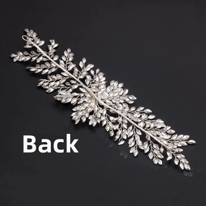 Detail view of the silver wire weaving and crystal back side of bridal headband