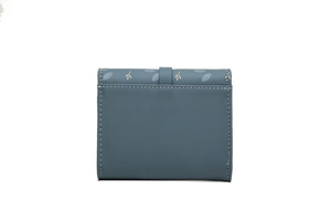 Close-up of Morandi blue PU leather tri-fold wallet with elegant gold leaf print