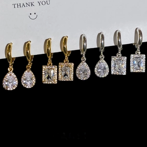 Elegant gold and silver micro-paved zircon earrings in teardrop and square designs