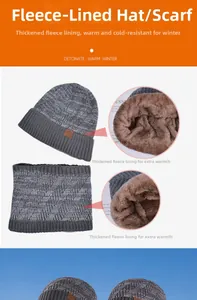 Close-up of winter knit beanie and neck warmer set featuring thick faux fur inner lining