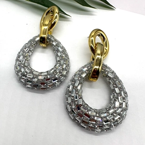 Exaggerated Alloy Teardrop Dangle Earrings Sparkling Rhinestone Vintage Two Tone Geometric Party Accessories For Women
