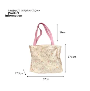 Detailed dimensions of a cute bear floral canvas tote bag with pink straps and soft fabric