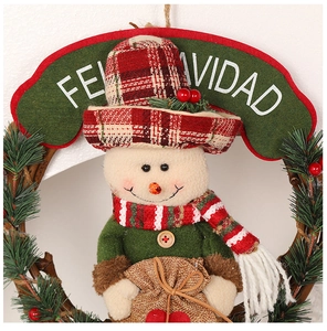 Detailed Christmas wreath featuring snowman plush, pine needles and Feliz Navidad sign