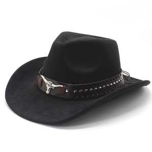 Klassischer schwarzer Wildleder-Cowboyhut mit Bullenkopf-Emblem und silbernen Nieten