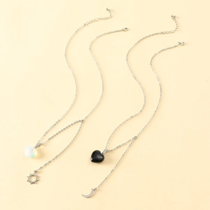 Stainless steel sun and moon friendship necklaces with heart-shaped natural stone pendants