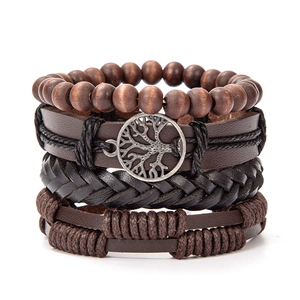 Brown braided leather multi-layer bracelet with wooden beads and Tree of Life charm