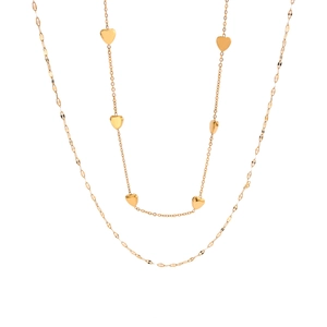 Double-layered golden stainless steel necklace featuring heart pendants on a white background