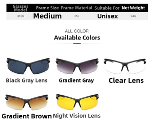 Detailed specs of lightweight PC cycling sunglasses 3105 with 5 lens color options