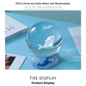 Detailed view of crystal ball night light with dolphin engraving and astronaut base