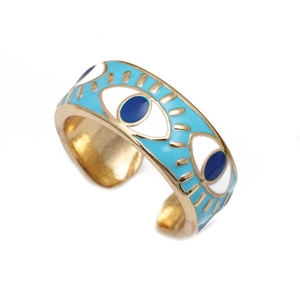 Minimalist evil eye open ring with blue and white enamel inlay on a golden metal band