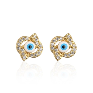 18K gold plated evil eye stud earrings with blue enamel and clear zircon stones