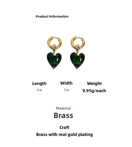 Detailed dimensions of brass heart drop earrings with gold plating and green glass