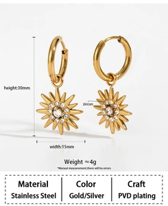 Detail showing dimensions of sunflower earrings with zircon in stainless steel