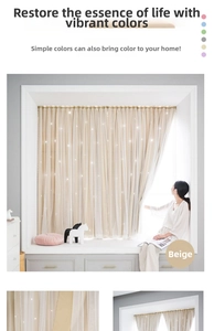 Detail view of double-layer beige blackout curtain with lace and glowing star decorations