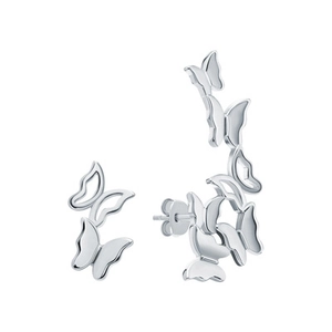 Detail shot of asymmetric S925 silver butterfly stud earring and ear crawler set