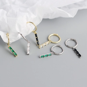 Elegant S925 silver geometric rectangular zircon drop earrings in gold and silver finish