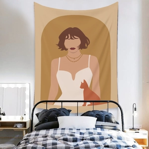 Modern boho wall tapestry featuring minimalist woman and cat illustration in warm tones
