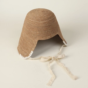 Handmade Raffia Straw Bonnet Hat With White Lace Trim And Ties Vintage Pastoral Style Breathable Sunshade Hat For Women