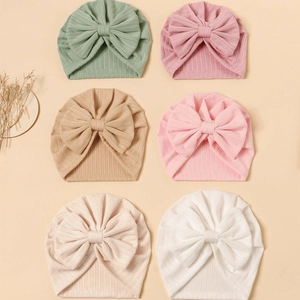 6-pack of stretchy ribbed knit baby bow turbans in assorted Morandi soft colors