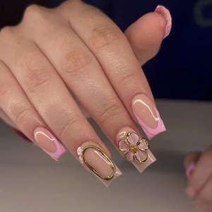 Pink French Press On Nails With 3D Flower And Gold Trim Long Square False Nails Elegant For Women