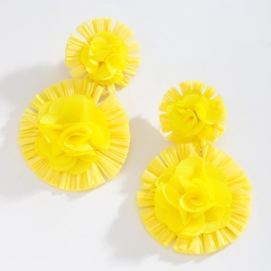 Handmade raffia flower drop earrings in vibrant yellow with layered petal texture