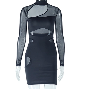 Detail view of the sexy mock neck dress with sheer mesh sleeves and hollow out cutouts