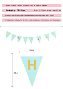 Detail showing mint blue gold-stamped birthday bunting flags with 18x13cm dimensions