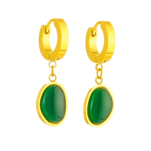 Elegant gold titanium earrings featuring oval emerald-green stones on a white background