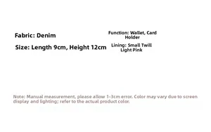 Detail specifications of denim card holder with dimensions 9x12cm and pink twill lining