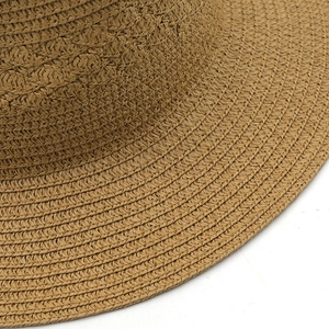 Detailed close-up of woven texture on a brown Panama sun hat with wavy pattern