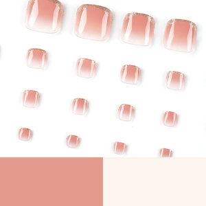 French tip foot press-on nails with pink gradient and gold glitter accents