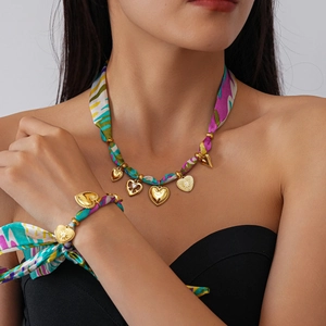 Scarf Necklace Women Stainless Steel Heart Sun Pendants Floral Print Satin Ribbon Choker Vintage Bohemian Style