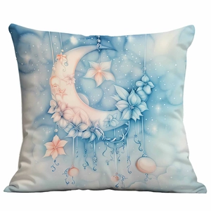 Blue Christmas throw pillow cover with pink moon and floral fairy tale patterns