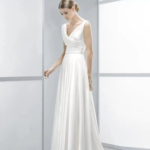 Elegant white sleeveless satin wedding dress with deep V-neck and pleated A-line silhouette