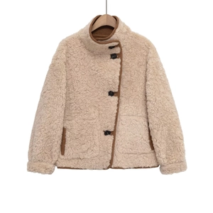 Fleece jacket for women with contrast trim and stand collar in beige and brown