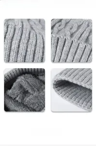 Detailed macro view of the striped knit texture and thick fleece lining of the winter hat