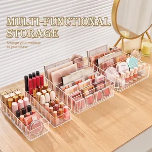 Clear acrylic desktop organizer for lipsticks and eyeshadows in a vanity setting