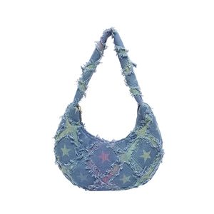 Fashionable denim tote bag with colorful stars and tassel fringe for women