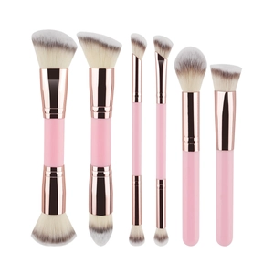 6-piece pink and rose gold makeup brush set with dual-ended foundation and eye brushes