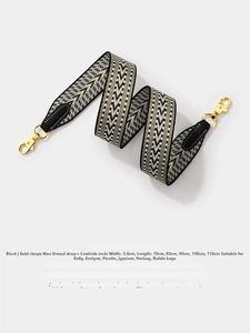 Detail of 3.8cm wide woven shoulder strap with black geometric pattern and gold buckle
