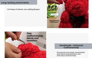 Detailed close-up of handmade 25cm red PE rose bear showing intricate floral textures
