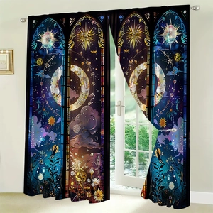 Detail of sun moon star pattern on sunburst blackout curtain with stained glass art style