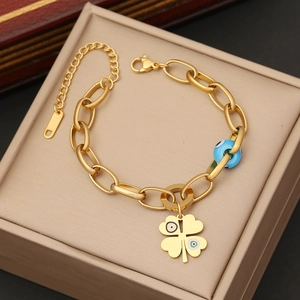 Gold stainless steel four leaf clover bracelet with blue evil eye pendant in a gift box